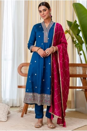 Teal Silk Embroidered Anarkali Suit with Dupatta AS4354