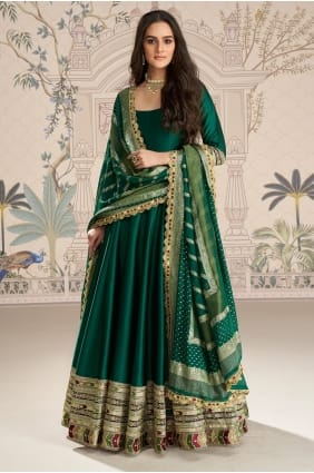 Embroidered Silk Anarkali Suit in Green with Dupatta AS4290