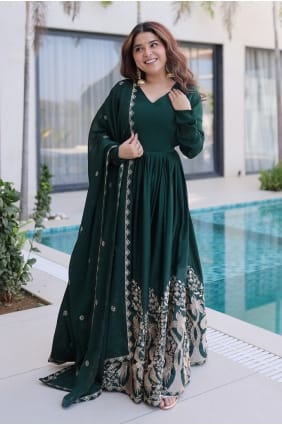 Embroidered Silk Anarkali Suit in Green with Dupatta AS4308