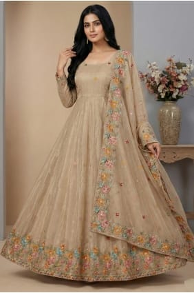 Sequins Silk Anarkali Suit in Cream with Dupatta AS4278