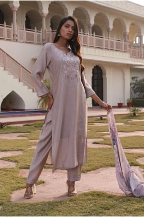 Silk Beige Straight Pant Suit in Embroidered SK155188