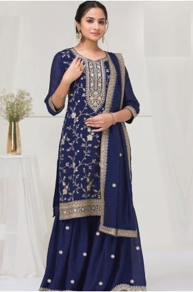 Blue Palazzo Suit in Embroidered Silk PZ4212