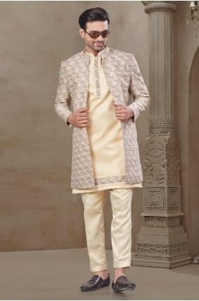 Silk Cream Men Kurta Pajama With Waistcoat in Printed KURR517