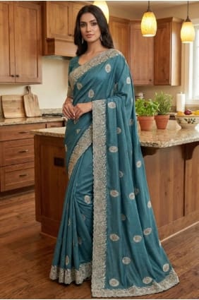 Silk Saree with Embroidered in Blue SR29635