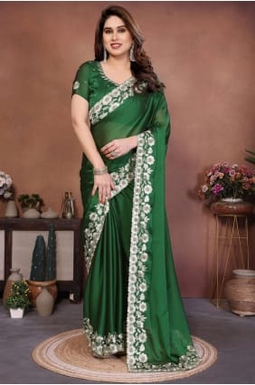 Silk Saree with Embroidered in Green SR29573