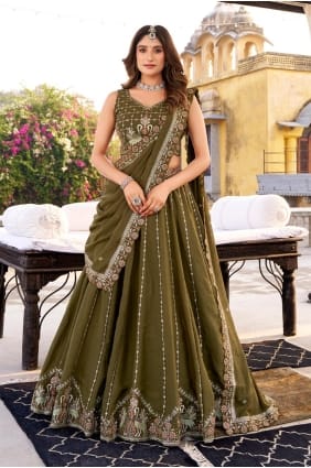 Olive green Embroidered Silk Lehenga Choli LC8886