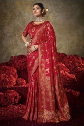 Red Saree in Embroidered Silk SR29502