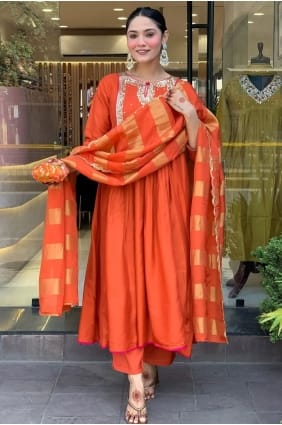 Embroidered Silk Rust Eid Salwar Kameez with Dupatta SK156000