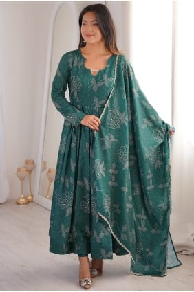 Green Silk Anarkali Suit with Printed AS4352