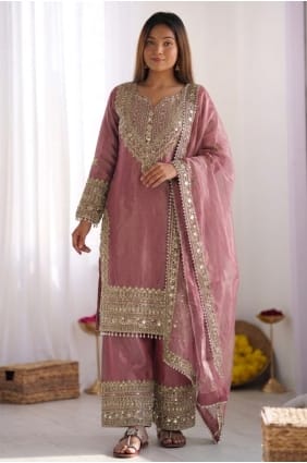 Lace Silk Palazzo Suit in Pink with Dupatta PZ4486