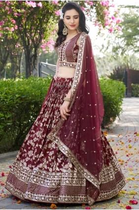 Silk Lehenga Choli with Weaving in Maroon LC8528
