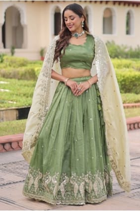 Embroidered Silk Lehenga Choli in Green LC8878