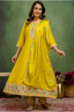 Silk Salwar Kameez in Lemon with Embroidered SK155698