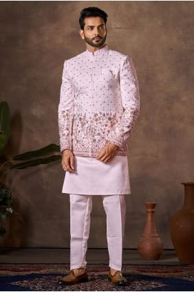 Light pink Embroidered Silk Men Kurta KURR244