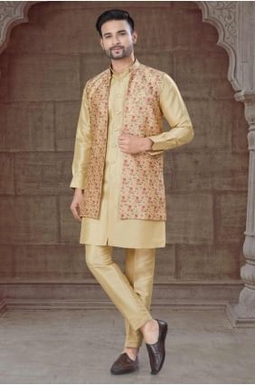 Silk Men Kurta in Light gold with Weaving KURR469