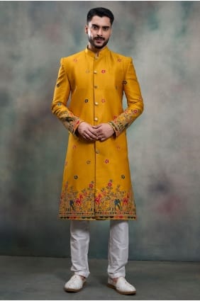 Mustard Silk Embroidered Men Kurta with Dupatta KURR253