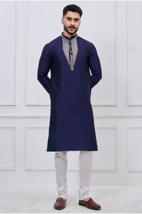Embroidered Silk Men Kurta in Navy blue with Dupatta KURR257