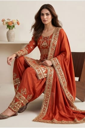Salwar Kameez in Orange Silk with Embroidered SK159167