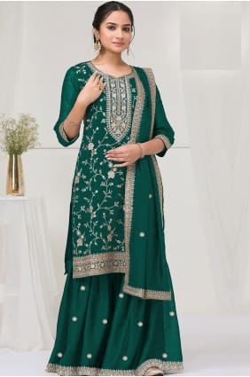 Embroidered Silk Green Palazzo Suit with Dupatta PZ4211