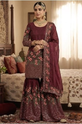 Sequins Silk Palazzo Suit in Maroon with Dupatta PZ4433