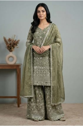 Sequins Silk Palazzo Suit in Pista green with Dupatta PZ4387