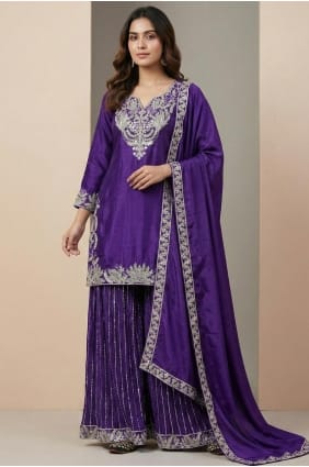 Eid Palazzo Suit in Purple Silk with Sequins PZ4270