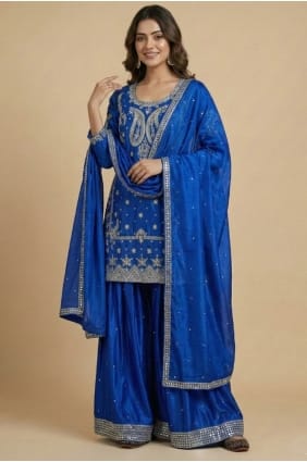 Blue Sequins Eid Palazzo Suit in Silk PZ4278