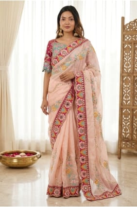 Embroidered Silk Party Wear Saree in Peach with Blouse SR30112