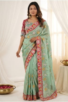 Embroidered Silk Party Wear Saree in Pista with Blouse SR30110