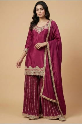 Silk Patiala Suit in Rani wine with Sequins PZ4264