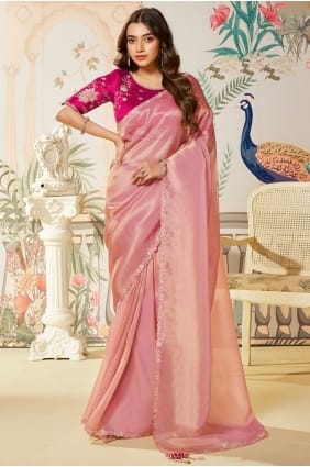 Pink Saree with Embroidered,stone with moti Silk SR29120