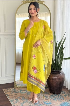 Printed Silk Salwar Kameez in Lemon SK155726