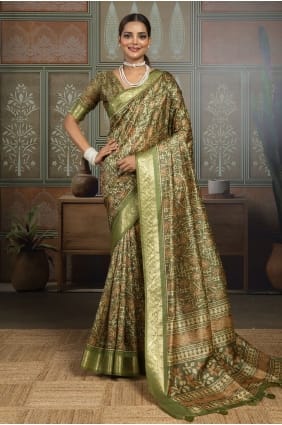 Mahendi Silk Saree with Printed SR30028