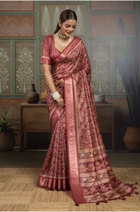 Maroon Saree with Printed Silk SR30021