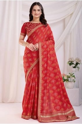 Silk Printed Red Saree with Blouse SR28189