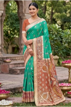 Weaving Silk Rama green Saree with Blouse SR29975
