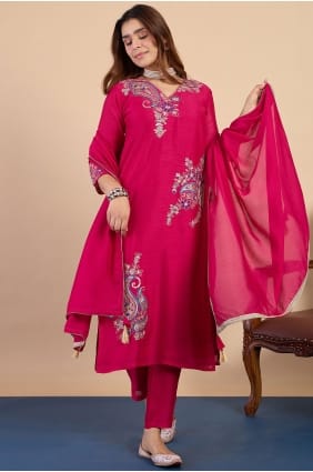 Embroidered Silk Salwar Kameez in Rani SK159126
