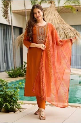 Silk Salwar Kameez with Embroidered in Rust SK155856