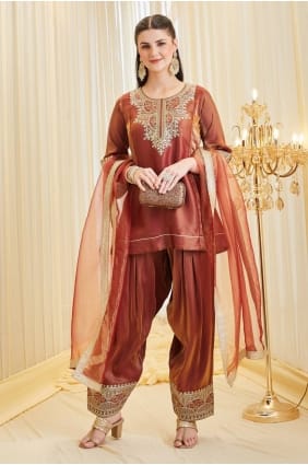 Rust Silk Salwar Kameez with Embroidered SK159070