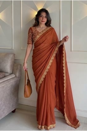 Rust Silk Saree with Embroidered SR30054