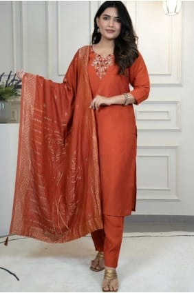 Salwar Kameez in Rust Silk with Weaving SK155756