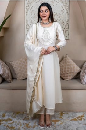 Silk Salwar Kameez with Embroidered in White SK15639