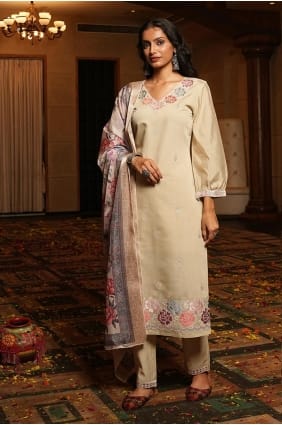 Embroidered Silk Cream Eid Salwar Kameez with Dupatta SK155966