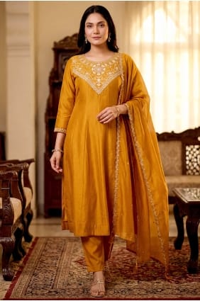 Mustard Embroidered Salwar Kameez in Silk SK15851