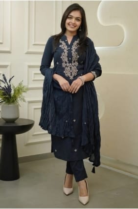 Nevy blue Eid Salwar Kameez in Silk with Embroidered SK155996