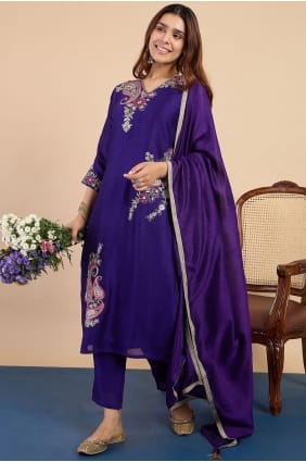 Silk Salwar Kameez in Purple with Embroidered SK159125