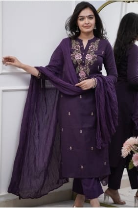 Embroidered Silk Eid Salwar Kameez in Wine with Dupatta SK156005