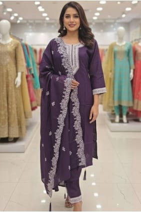 Embroidered Silk Salwar Kameez in Wine with Dupatta SK156129