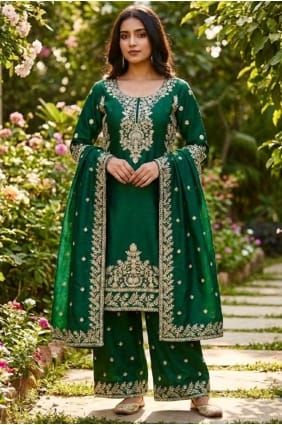 Green Sequins Eid Salwar Kameez in Silk SK155992