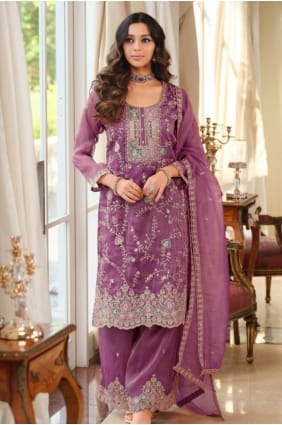 Thread Salwar Kameez in Purple Silk SK159069